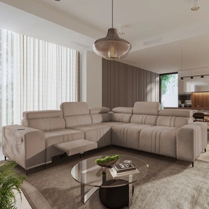 Narożnik z funkcją spania Castel III Lux jasny brąz lewostronny niezwykle komfortowy narożnik do salonu z wysuwanym podnóżkiem