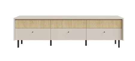 Szafka RTV Cappo 184 cm beż piaskowy / dąb olejowany elegancki design szafki z szufladami osadzona na metalowych wysokich nogach