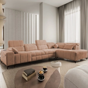 Narożnik z funkcją spania Penejos XI łososiowy prawostronny wygodny narożnik z regulowanymi zagłówkami i dwoma pojemnikami na pościel