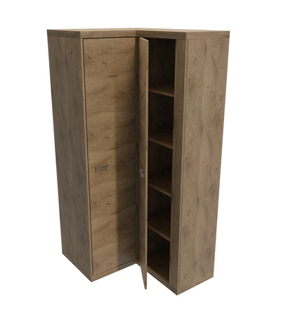 Szafa narożna Natural dąb ribbeck funkcjonalna szafa wyposażona w drążek na ubrania wiszące i półki metalowe srebrne uchwyty