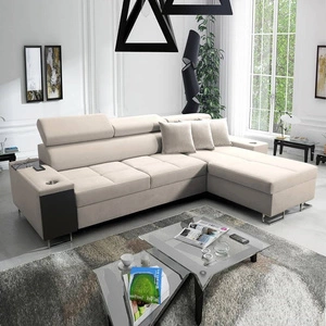 Narożnik z funkcją spania Dafni jasny beż prawostronny velvet komfort i funkcjonalność podczas codziennego wypoczynku