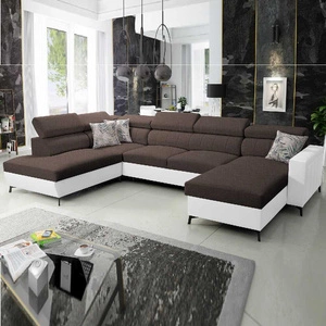 Narożnik z funkcją spania Savona VI brązowy / biały prawostronny komfortowy narożnik do salonu z dwoma pojemnikami na pościel