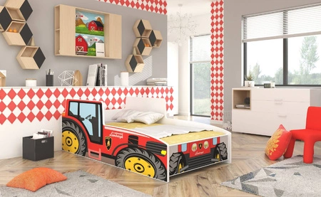 Łóżko Tractor Red 70x140 cm designerskie łóżko z materacem w kształcie traktora z ozdobnym nadrukiem wykonane z solidnych materiałów
