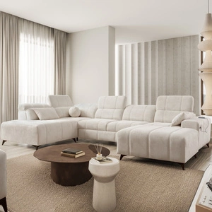 Narożnik z funkcją spania Penejos VI kremowy prawostronny stylowy narożnik rozkładany z dwoma pojemnikami na pościel trwała tkanina