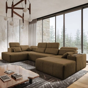 Narożnik z funkcją spania Tesalia VI brązowy prawostronny nowoczesny i komfortowy narożnik z funkcją przesuwanego oparcia