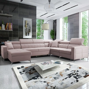Narożnik z funkcją spania Nausa VII pudrowy róż lewostronny elegancki narożnik do salonu wykonany z miękkiej tkaniny typu velvet