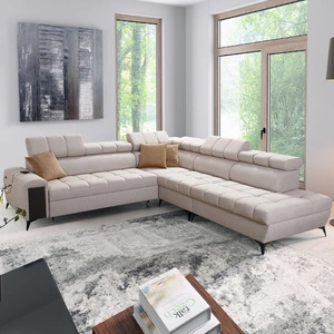 Narożnik z funkcją spania Bolmso IX beżowy prawostronny komfortowy narożnik do salonu z szufladą pojemniki na pościel stylowy design