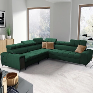 Narożnik z funkcją spania Bolmso III zielony lewostronny narożnik z pojemnikami na pościel szuflada z pełnym wysuwem w boczku mebla