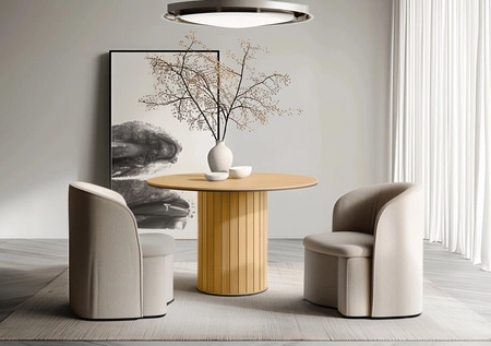 Stół okrągły Rotto 120 cm dąb vincenza nowoczesny design solidna podstawa przyozdobiona dekoracyjnymi lamelami stół do małej jadalni