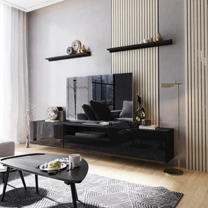 Szafka RTV wisząca Ekali 258 cm czarna / czarny połysk z półkami elegancki i stylowy design wpisujący się w każde wnętrze