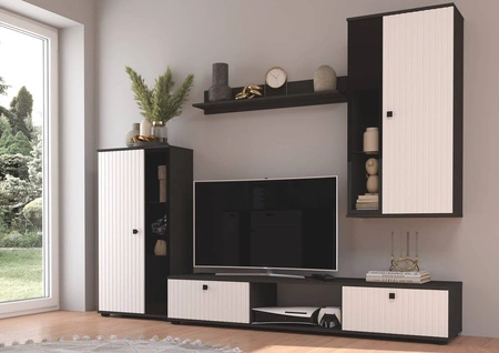 Meblościanka Senja matera / biała nowoczesny design ozdobne ryflowane fronty z metalowymi uchwytami
