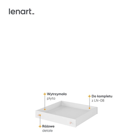 Szuflada do łóżka Luna 90x200 cm biała szuflada na kółkach z różowymi uchwytami praktyczny i pojemny schowek