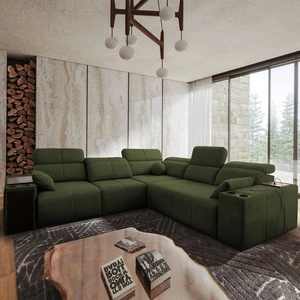 Narożnik z funkcją spania Tesalia III zielony lewostronny komfortowy narożnik z przesuwanym oparciem dwa pojemniki na pościel