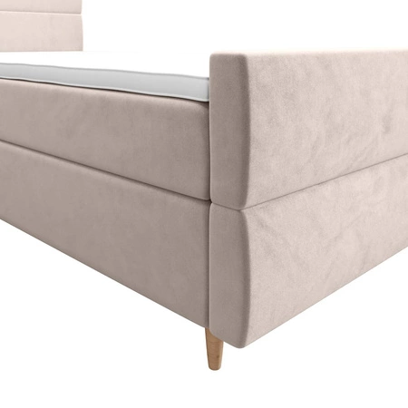 Łóżko kontynentalne Benet 90x200 beżowe w nowoczesnym skandynawskim stylu z tapicerowanym zagłówkiem oraz zanóżkiem łóżko z pojemnikiem