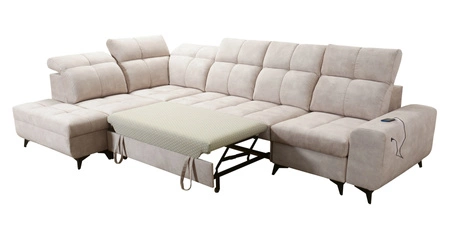 Narożnik z funkcją spania Buffalo XI beżowy lewostronny stylowy narożnik rozkładany z trzema pojemnikami na pościel welurowa tkanina