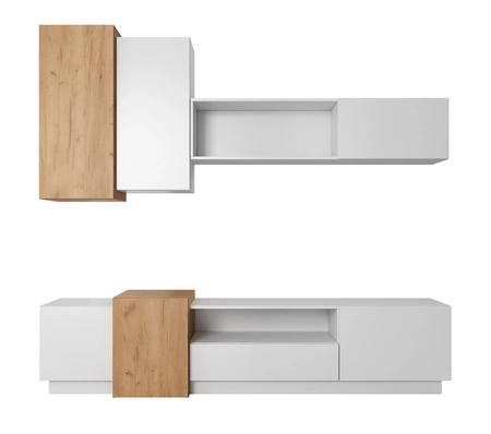 Meblościanka Space biały / dąb craft złoty modernistyczny design i nowoczesna forma mebli system push to open