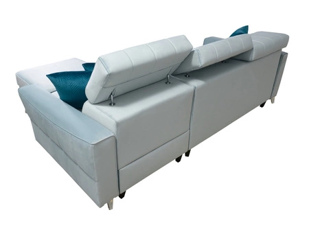 Narożnik z funkcją spania Rava szary popiel prawostronny velvet komfortowy i funkcjonalny narożnik z regulowanymi zagłówkami