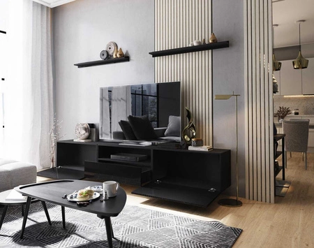 Szafka RTV wisząca Ekali 258 cm czarna / czarny połysk z półkami elegancki i stylowy design wpisujący się w każde wnętrze