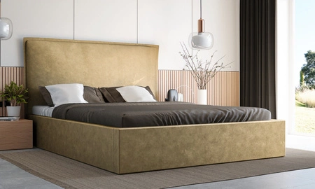 Łóżko tapicerowane Lila 180x200 jasny brąz stylowe łóżko z pojemnikiem na pościel wygodny zagłówek zachwyca eleganckim designem