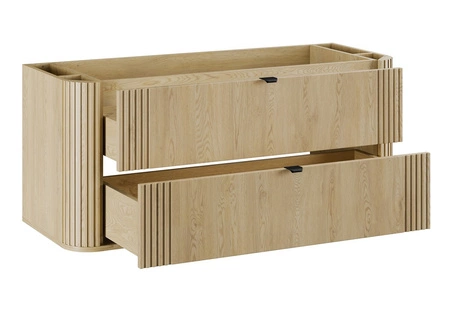 Szafka pod umywalkę Ovalia Cremona 120 cm dąb cremona charakterystyczne zaokrąglone rogi szafki czarne metalowe uchwyty krawędziowe