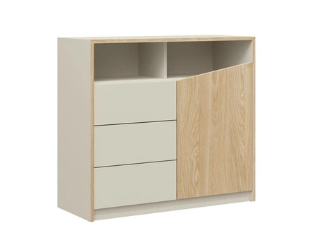 Komoda z szufladami Atson 100 cm szarobeżowy / dąb olejowany prawa stylowy design komody ciekawy kształt frontu nadaje oryginalności