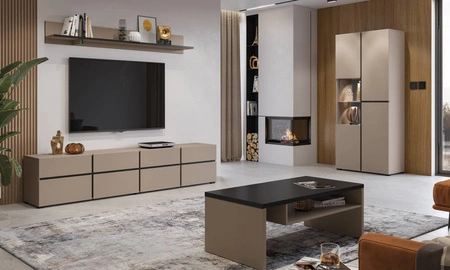 Półka Cross 180 cm ciemny beżowy prosta forma w nowoczesnym wydaniu praktyczna półka na ścianę do salonu jadalni lub pokoju dziennego