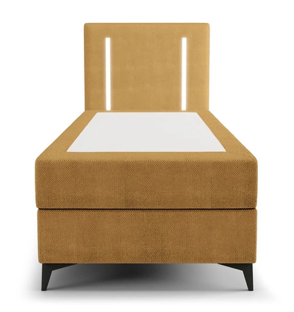 Łóżko kontynentalne Norco 90x200 żółte stylowe łóżko z pojemnikiem na pościel oświetlenie umieszczone w zagłówku nadaje wyjątkowości