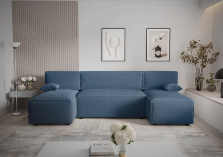 Narożnik z funkcją spania Brandon U niebieski pojemnik na pościel trójwymiarowa tkanina o wyrazistych prążkach