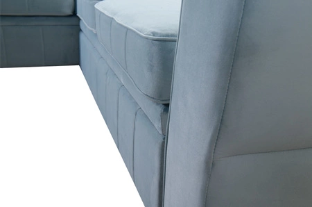 Narożnik z funkcją spania Rava III lazurowy prawostronny velvet komfortowy narożnik z regulowanymi zagłówkami i pojemnikiem na pościel
