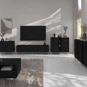 Zestaw mebli do salonu Kioto II czarny grafit stylowy design eleganckie meble wsparte na metalowych złotych nogach subtelne uchwyty