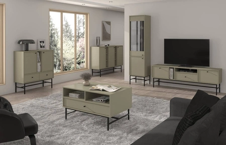 Komoda Kioto III 158 cm eukaliptus nowoczesny design subtelne uchwyty prosta forma wzbogacona o metalowy czarny stelaż