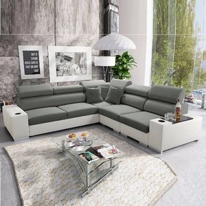 Narożnik z funkcją spania Provo III szary / biały prawostronny narożnik z pojemnikiem na pościel i regulowanymi zagłówkami