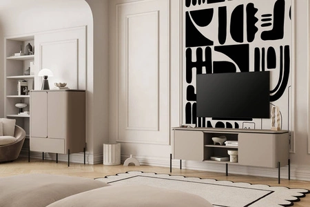 Komoda wysoka Belle 98 cm ciemny beżowy stylowa komoda o zaokrąglonym kształcie system otwierania push to open metalowe czarne nogi