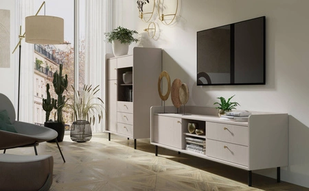 Komoda z szufladami Ferdi 104 cm beż piaskowy minimalistyczny design wysoka komoda idealna do jadalni częściowo przeszklony front