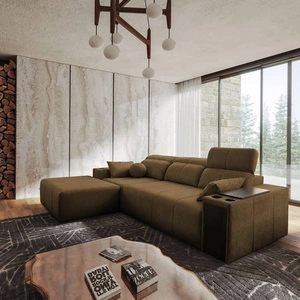 Narożnik z funkcją spania Tesalia brązowy lewostronny nowoczesny design komfortowe przesuwane oparcie szuflada w boczku mebla