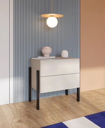 Szafka nocna Jukon S 55 cm beżowa z szufladami elegancka forma mebla w nowoczesnym stylu system otwierania push to open metalowe czarne nogi