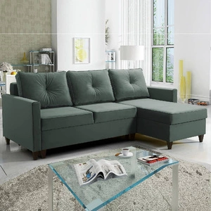 Narożnik z funkcją spania Terni stalowa zieleń prawostronny praktyczny i funkcjonalny narożnik wyposażony w pojemne pojemniki na pościel