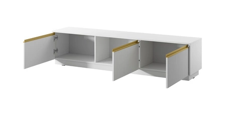 Zestaw mebli Imperial biały stylowa meblościanka bryły z frezowanymi frontami i eleganckimi uchwytami w kolorze szczotkowanego złota