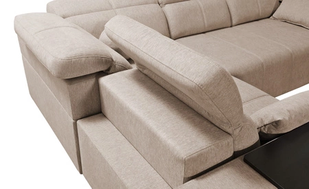 Narożnik z funkcją spania Tesalia II zielony lewostronny komfortowy narożnik do salonu z przesuwanym oparciem pojemnik na pościel