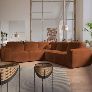 Narożnik z funkcją spania Arbon III ceglasty prawostronny wyjątkowo stylowy narożnik z pojemnikiem na pościel unikalny obły kształt