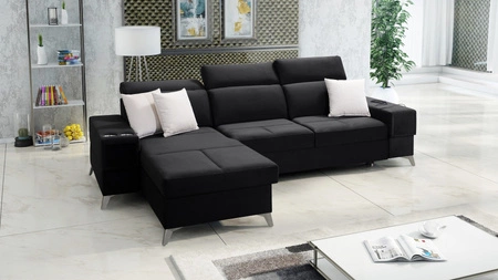 Narożnik z funkcją spania Elgin czarny lewostronny narożnik z regulowanymi zagłówkami praktyczne szuflady w boczkach mebla