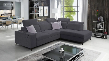 Narożnik z funkcją spania Kelly Sleek VII grafitowy prawostronny pleciony komfortowy i funkcjonalny narożnik rozkładany do salonu