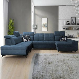 Narożnik z funkcją spania Buffalo X niebieski prawostronny funkcjonalny i komfortowy narożnik do pokoju z pojemnikami na pościel