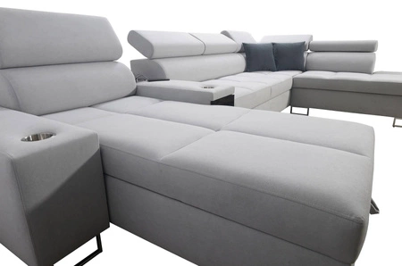 Narożnik z funkcją spania Dafni V lawendowy róż / biały lewostronny pleciony wygodny i komfortowy narożnik z regulowanymi zagłówkami