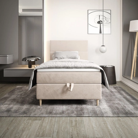 Łóżko kontynentalne Bing 90x200 beżowe w nowoczesnym skandynawskim stylu z tapicerowanym zagłówkiem łóżko z pojemnikiem