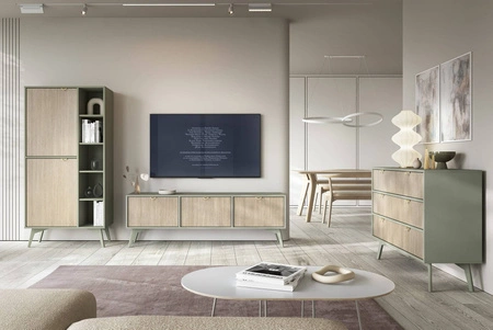 Szafka RTV Wald 158 cm eukaliptus / beż jodełka skandynawski design gustowny dekor jodełki na frontach eleganckie złote uchwyty