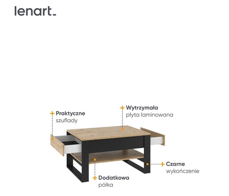 Stolik kawowy Quant dąb artisan / czarny nowoczesny i elegancki design stolik z szufladami i dodatkową półką kontrastowa kolorystyka