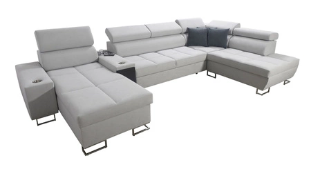 Narożnik z funkcją spania Dafni V błękitno biały lewostronny velvet wygodny i komfortowy narożnik z regulowanymi zagłówkami