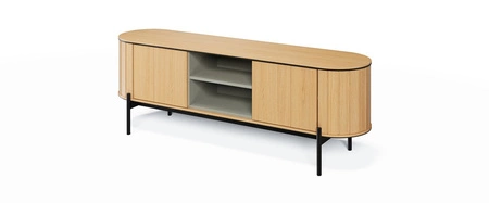 Zestaw mebli Rotto dąb vincenza elegancki design meblościanki zaokrąglone krawędzie brył osadzonych na czarnych metalowych nogach