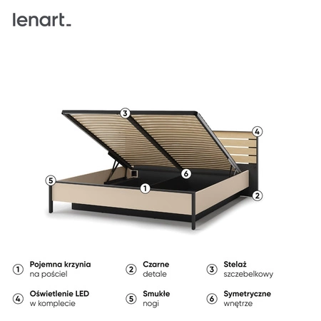 Łóżko Enna 160x200 cm beżowy / czarny / dąb natura komfortowe łóżko do sypialni z pojemnikiem zagłówek wzbogacony o oświetlenie LED